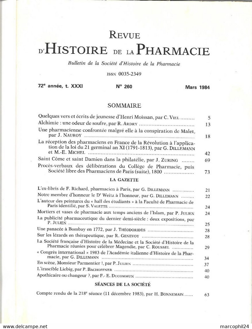 REVUE D'HISTOIRE De La PHARMACIE - N° 260, T XXXI, 1984 = Henri MOISSAN + ALCHIMIE + CARICATURES POLITIQUES ITALIENNES - Geneeskunde & Gezondheid