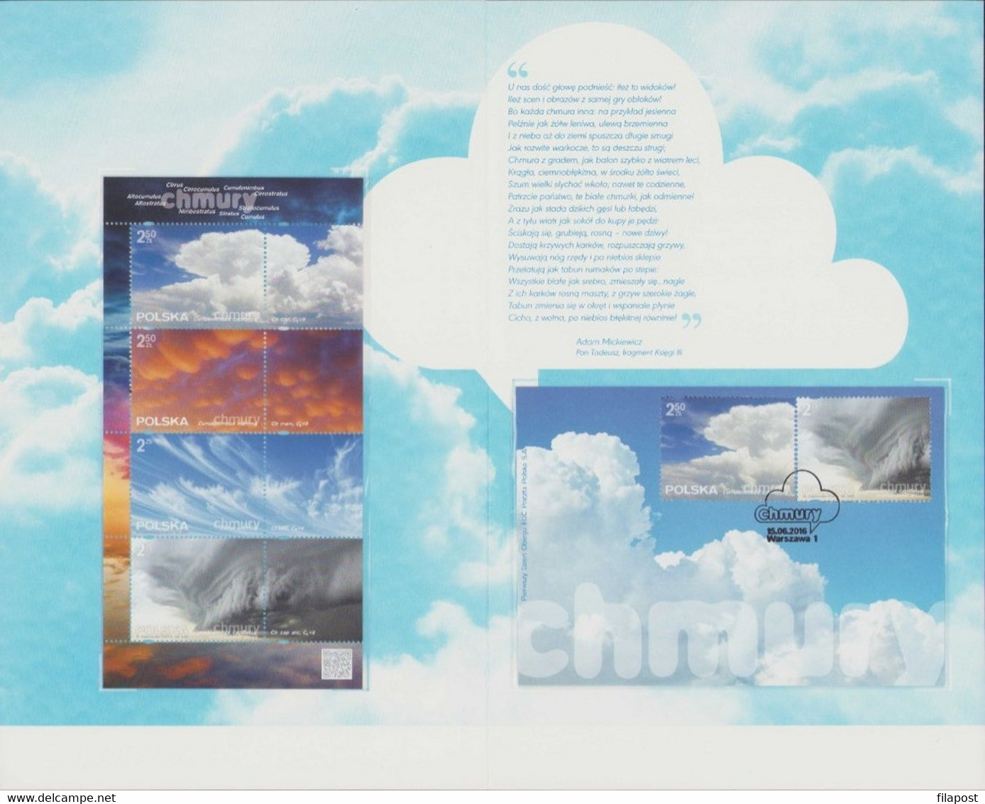 2016 Poland Beautiful Booklet / Clouds, Sky, Cumulonimbus, Cirrus, Weather, Nature, Cloud / 2 FDC + Mini Sheet MNH**FV - Carnets