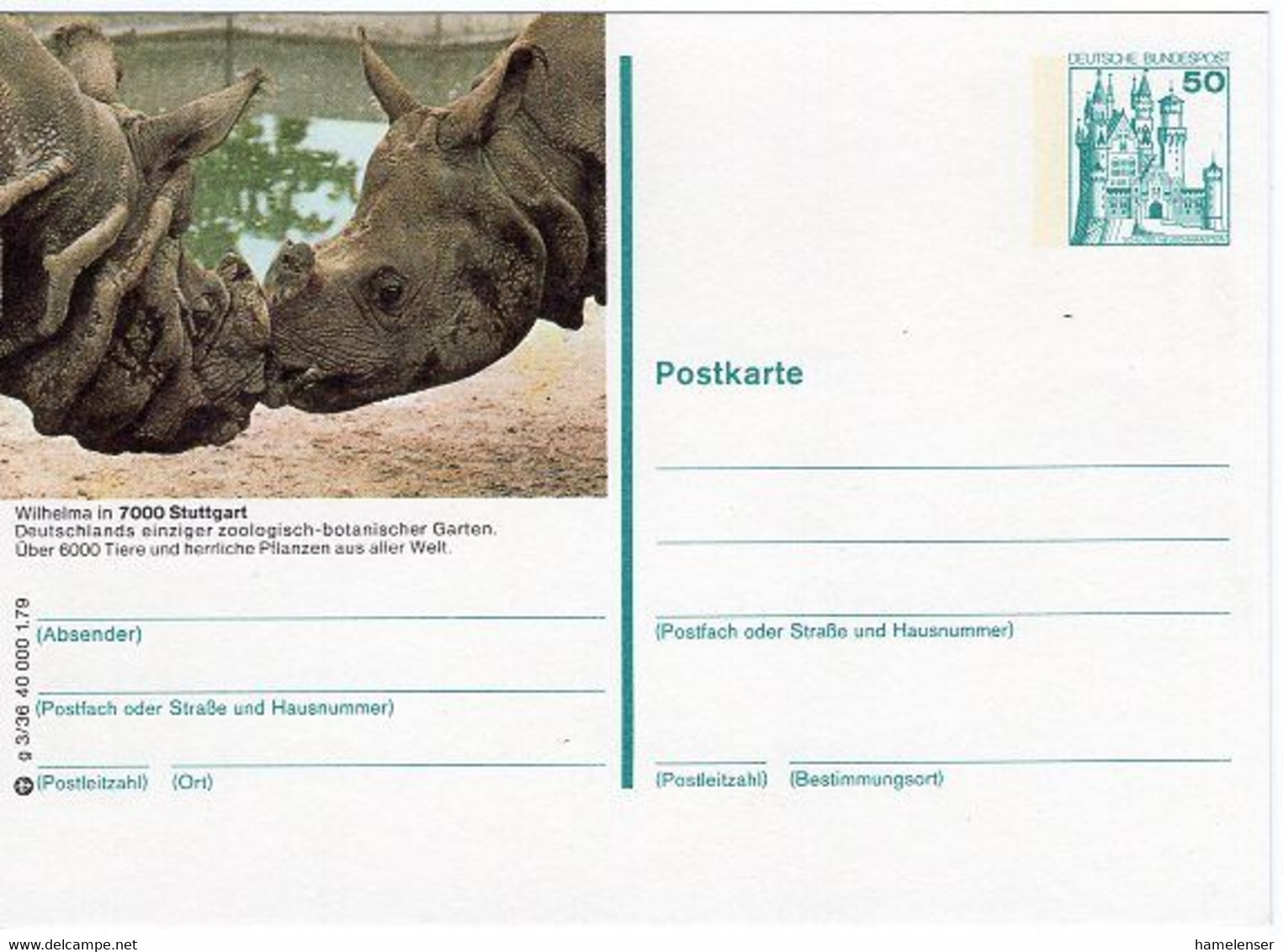 49647 - Bund - 1979 - 50Pfg. Bild-GA-Kte. "Wilhelmina Stuttgart" Nashoerner, Ungebraucht - Rhinoceros