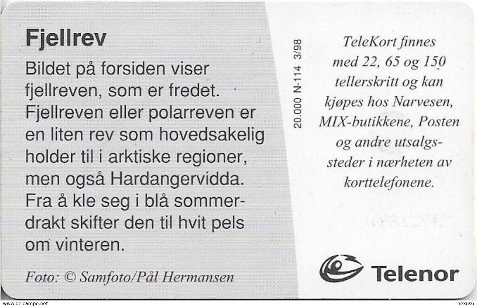 Norway - Telenor - Fjellrev - N-114 - (Cn. C83022942) - 03.1998, 19.988ex, Used - Norway