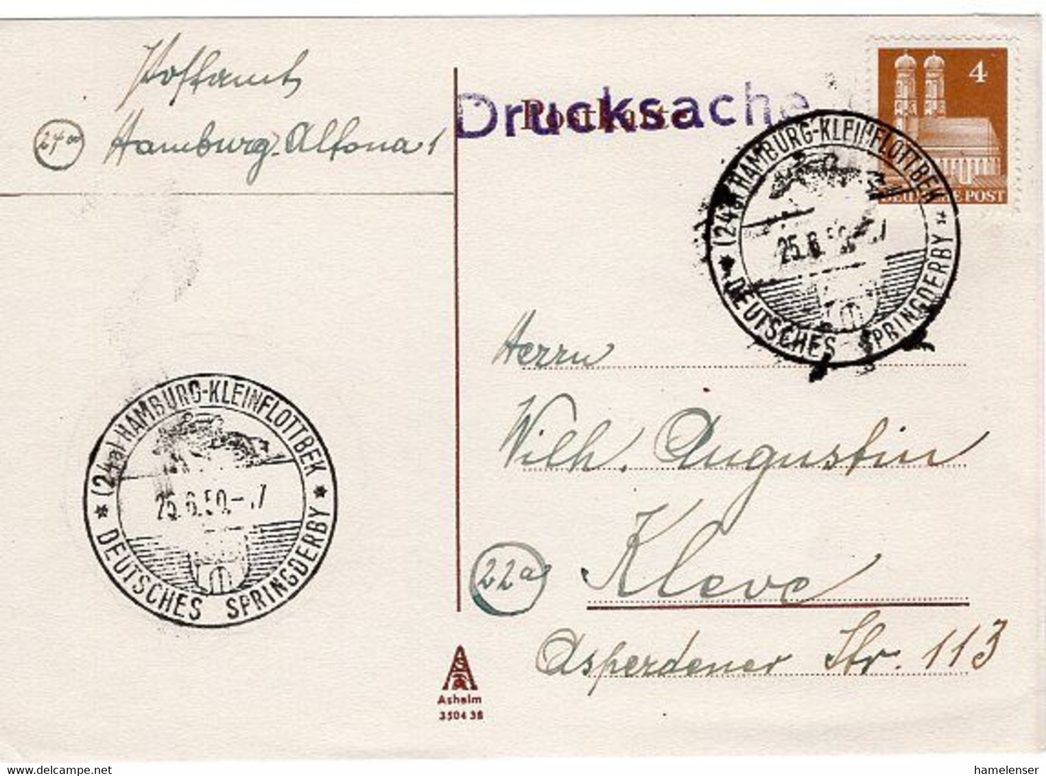 49655 - Bund - 1950 - 4Pfg. Bauten EF A. Drucks.-Kte. HAMBURG-KLEINFLOTTBEK - DEUTSCHES SPRINGDERBY -> Kleve - Paardensport