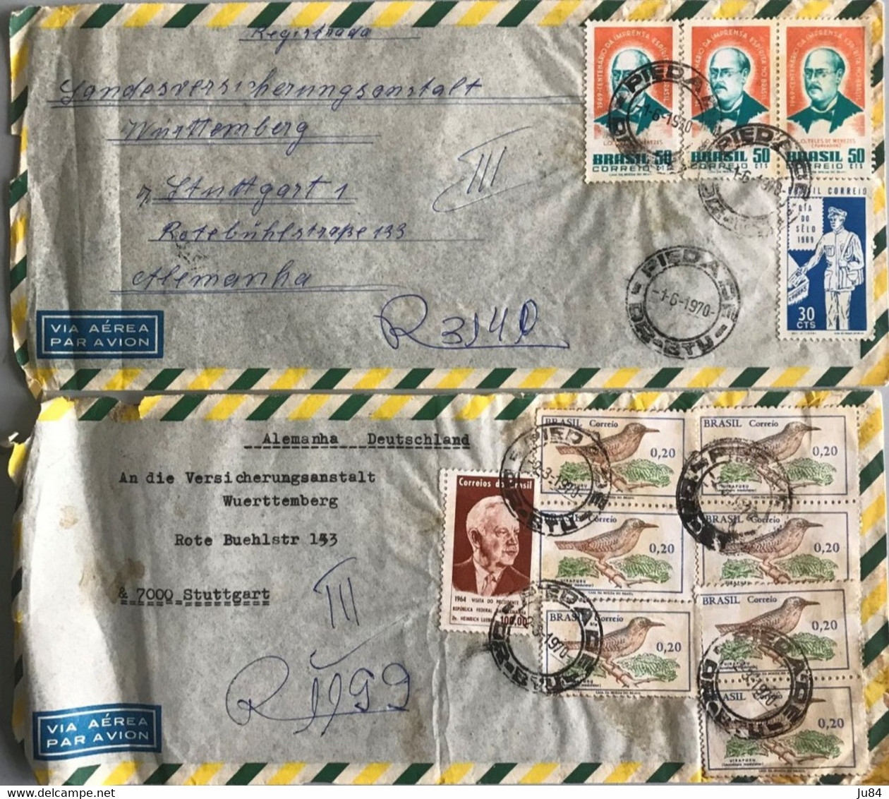 BRESIL - LOT 5 LETTRES - Lettres Recommandées Avion Pour L'Allemagne - Beaux Affranchissements Divers - Années 1970 - Usados