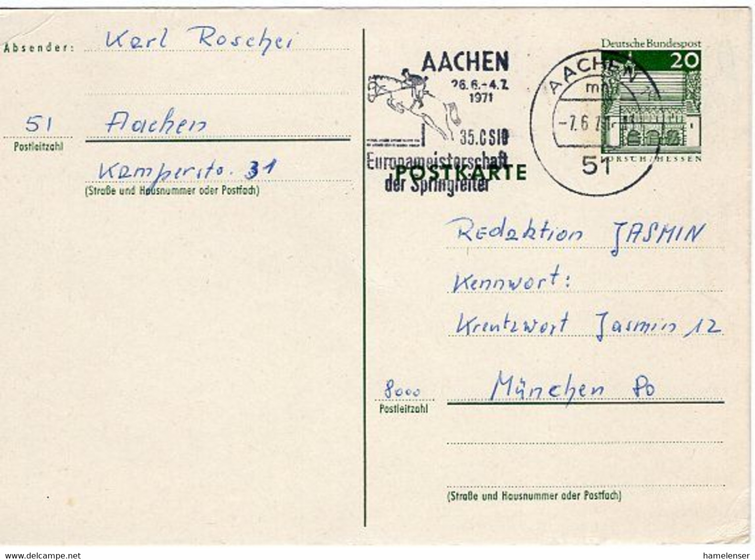 49660 - Bund - 1971 - 20Pfg. Gr.Bauten GA-Kte. AACHEN - 35. EUROPAMEISTERSCHAFT DER SPRINGREITER -> Muenchen - Salto