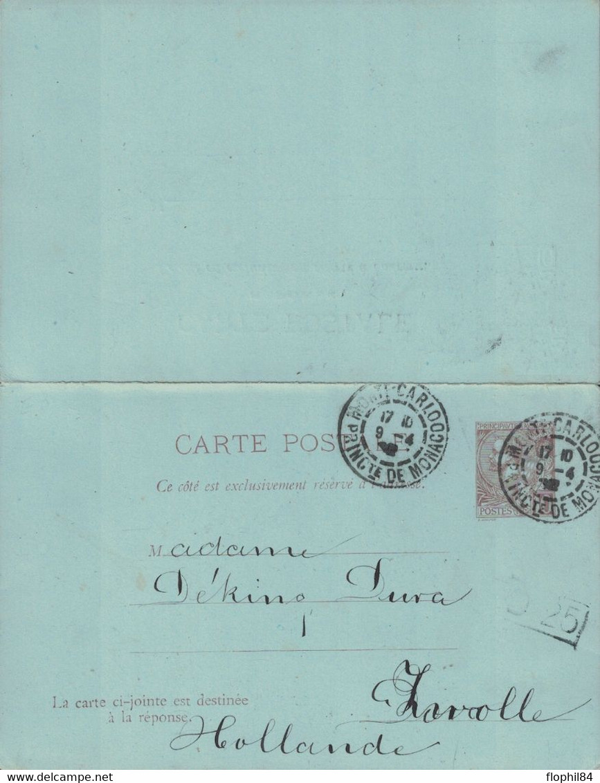 MONTE CARLO - LE 9-4-1902 - ENTIER POSTAL AVEC REPONSE POUR LA HOLLANDE - MARQUE D'ECHANGE D.25 . - Interi Postali