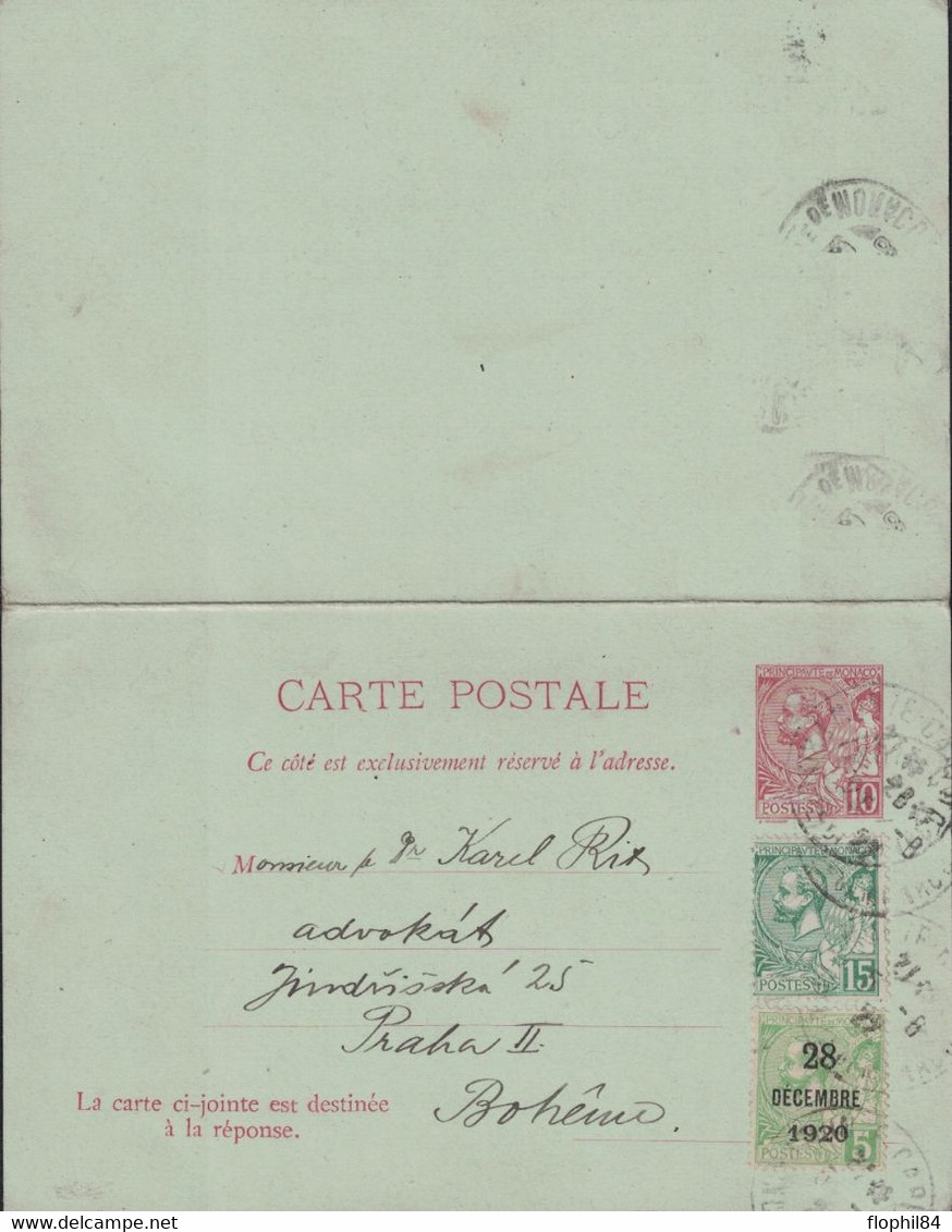 MONTE CARLO - LE5-8-1922 - ENTIER POSTAL AVEC REPONSE POUR LA BOHEME - BELLE COMPOSITION 3 COULEURS. - Enteros  Postales