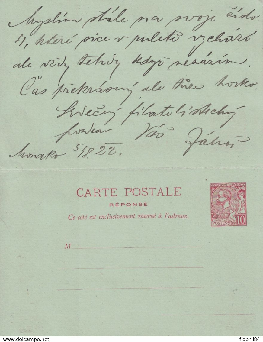 MONTE CARLO - LE5-8-1922 - ENTIER POSTAL AVEC REPONSE POUR LA BOHEME - BELLE COMPOSITION 3 COULEURS. - Interi Postali