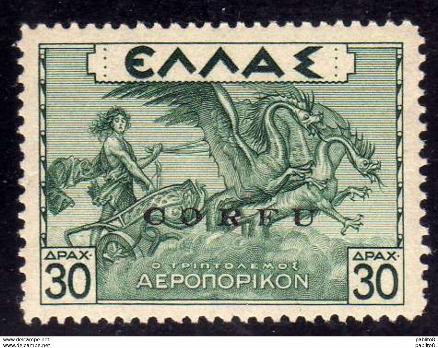 CORFU' 1941 POSTA AEREA SOPRASTAMPATO  DI GRECIA AIR MAIL OVERPRINTED GREECE DRACME 30d MNH FIRMATO SIGNED - Corfu