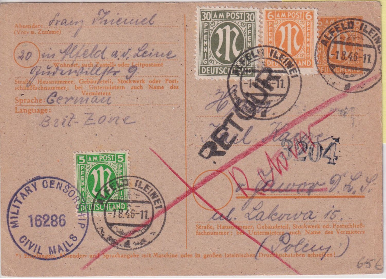 All.Bes./BZ - 6 Pfg. AM-Post Ganzsache+Zusatz N. POLEN Alfeld 1.8.46 Retour - Other & Unclassified