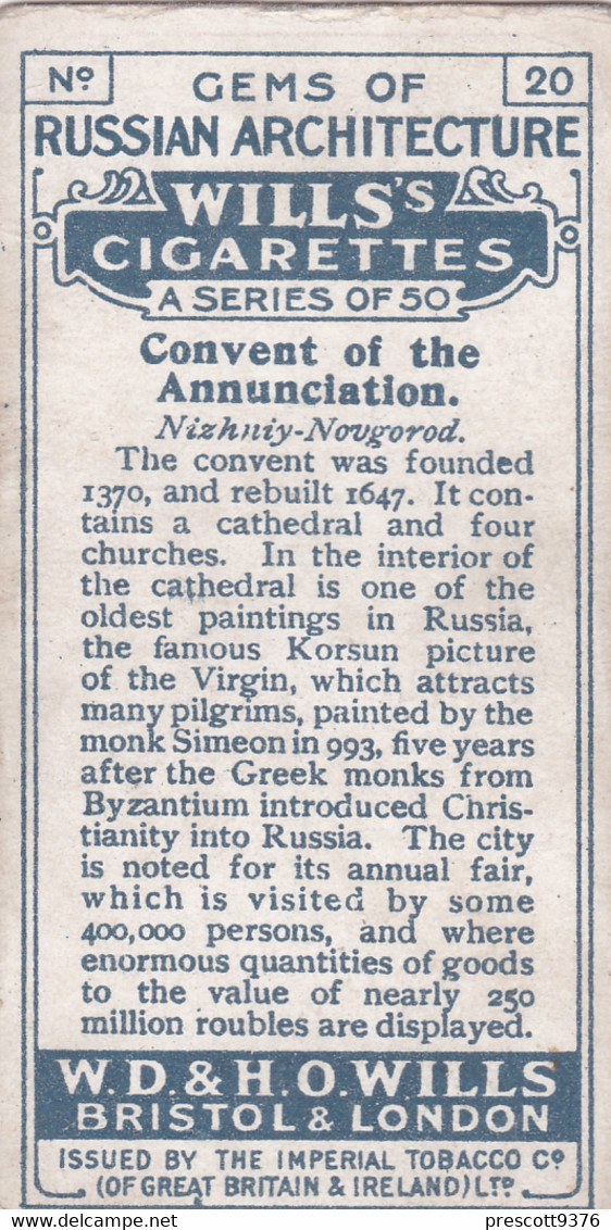 20 Convent Anunciation, Novgorod   - Gems Of Russian Architecture 1917 -  Wills Cigarette Card - Original - Wills