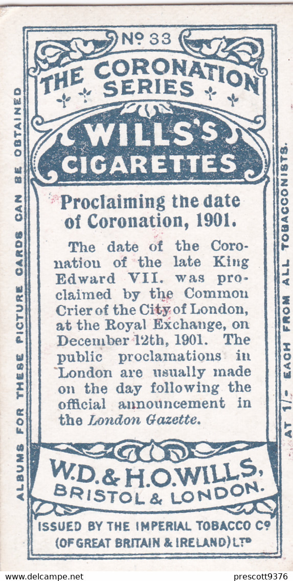 33 Edward VII Proclaimation  - The Coronation Series 1911 -  Wills Cigarette Card - Original Antique - Wills