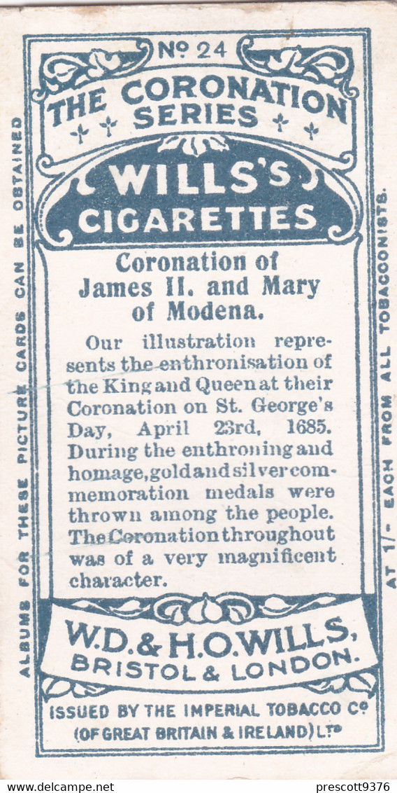 24 James II &Mary Of Modena Coronation  - The Coronation Series 1911 -  Wills Cigarette Card - Original Antique - Wills
