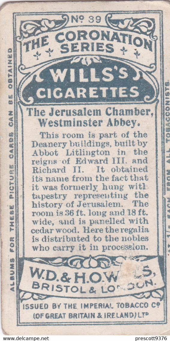 39 Jerusalem Chamber, Westminster Abbey - The Coronation Series 1911 -  Wills Cigarette Card - Original Antique - Wills