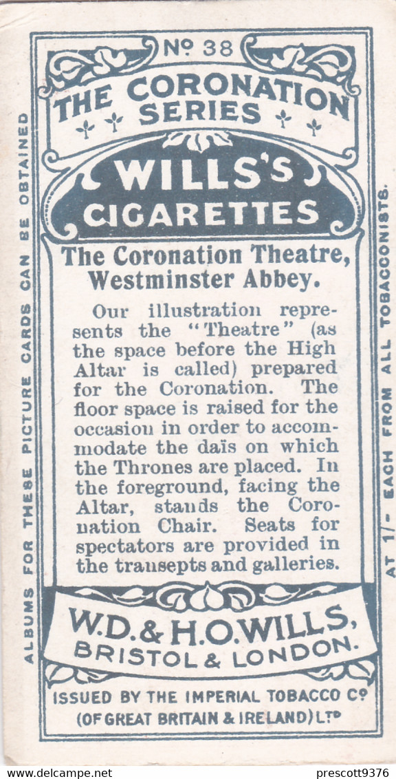 38 Coronation Theatre, Westminster Abbey - The Coronation Series 1911 -  Wills Cigarette Card - Original Antique - Wills