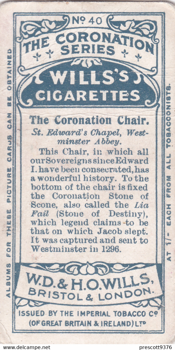 40 Coronation Chair    - The Coronation Series 1911 -  Wills Cigarette Card - Original Antique- Royalty - Wills