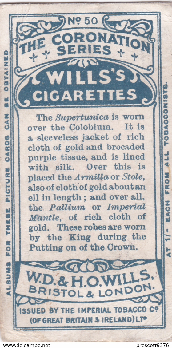 50 Coronation Vestments  - The Coronation Series 1911 -  Wills Cigarette Card - Original Antique- Royalty - Wills