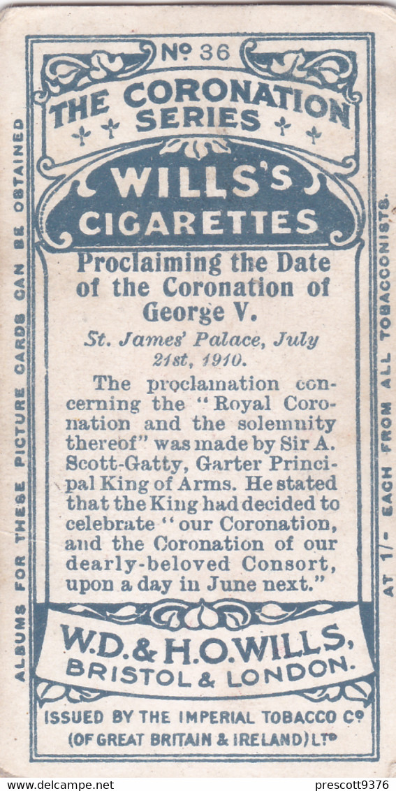 36 George V Proclomation  - The Coronation Series 1911 -  Wills Cigarette Card - Original Antique- Royalty - Wills