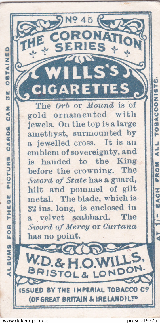 45 Coronation Regalia   - The Coronation Series 1911 -  Wills Cigarette Card - Original Antique- Royalty - Wills