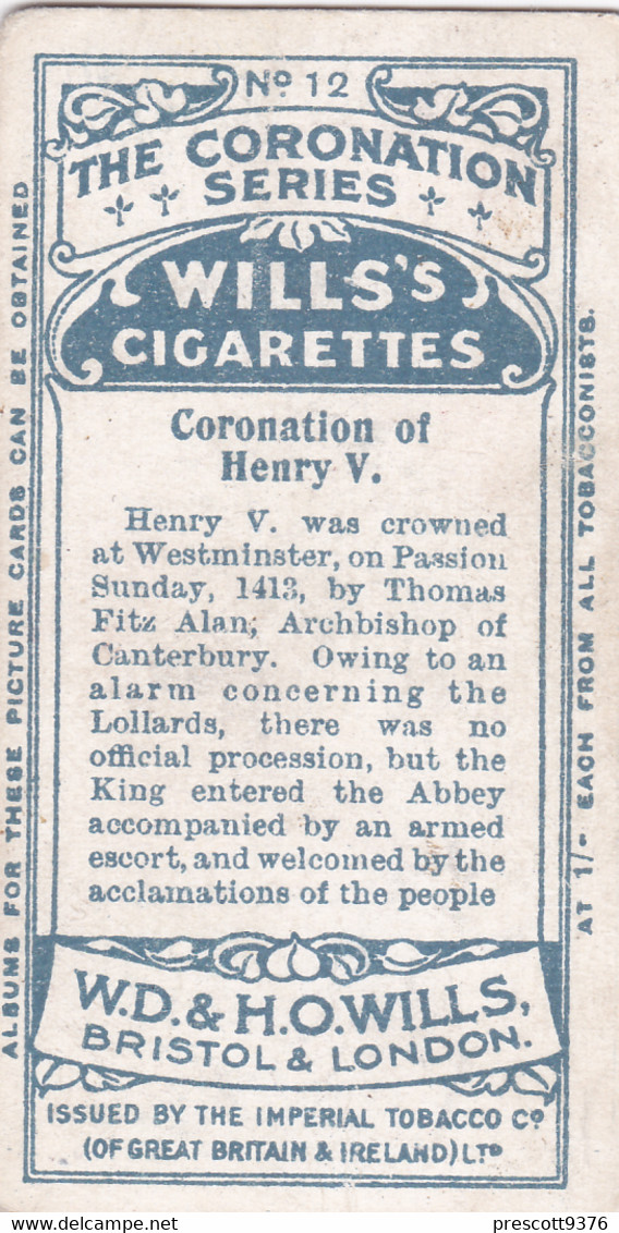 12 Henry V Coronation  - The Coronation Series 1911 -  Wills Cigarette Card - - Royalty - Wills