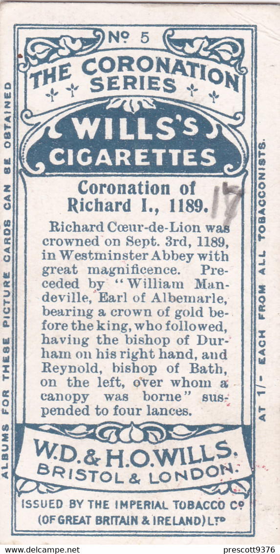 5 Richard I Coronation  - The Coronation Series 1911 -  Wills Cigarette Card - - Royalty - Wills