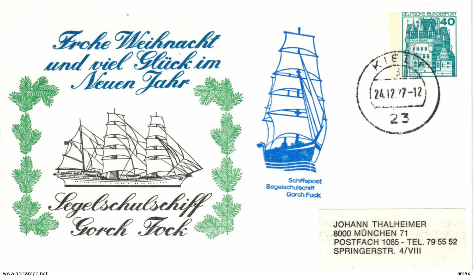 Ganzsache - Burg Eltz - Kiel 1977 - Schiffspost Segelschulschiff Gorch Fock - Segelschiff Glattdecker - Private Postcards - Used