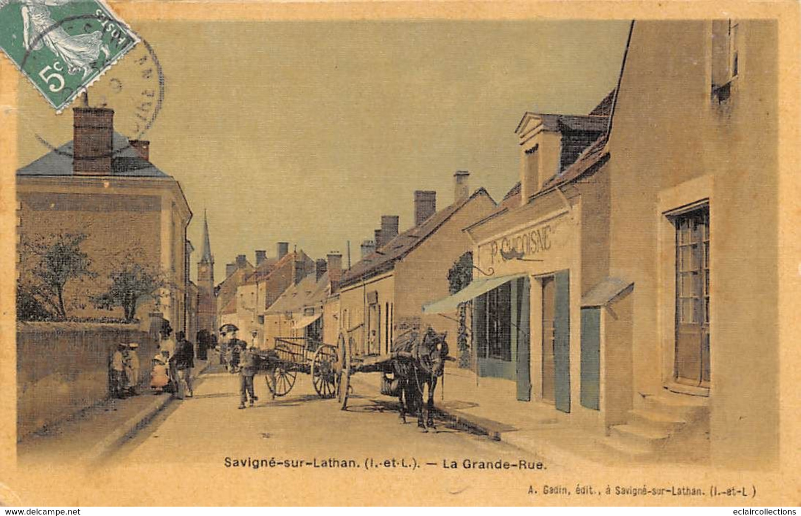 Savigné-sur-Lathan        37        La Grande Rue . Attelages    Colorisée Et Toilée         (voir Scan) - Otros & Sin Clasificación