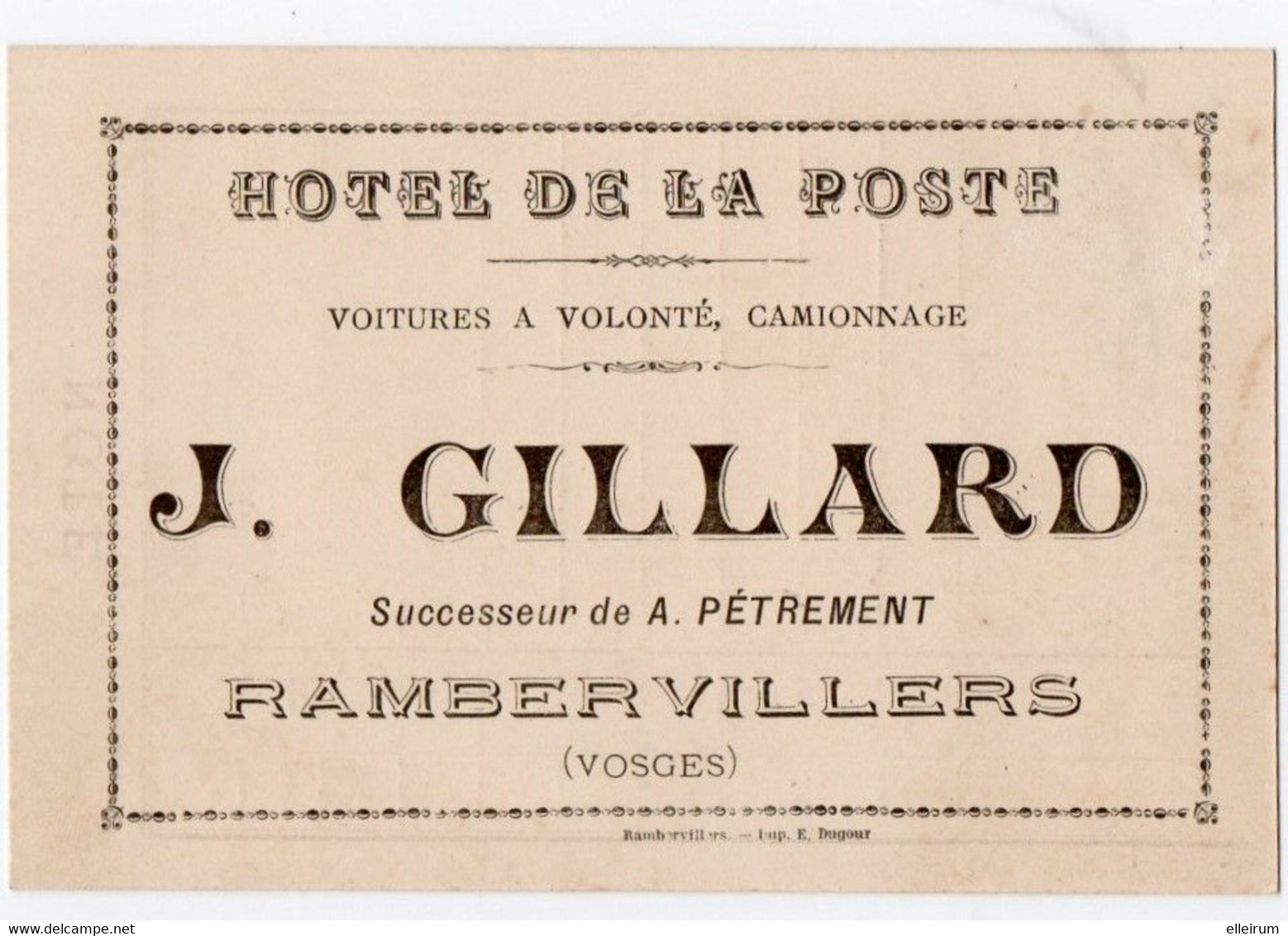 RAMBERVILLERS(88) CARTE De VISITE. J.GILLARD. HOTEL De La POSTE. VOITURES à VOLONTE. CAMIONNAGE. 1899. - Cartes De Visite