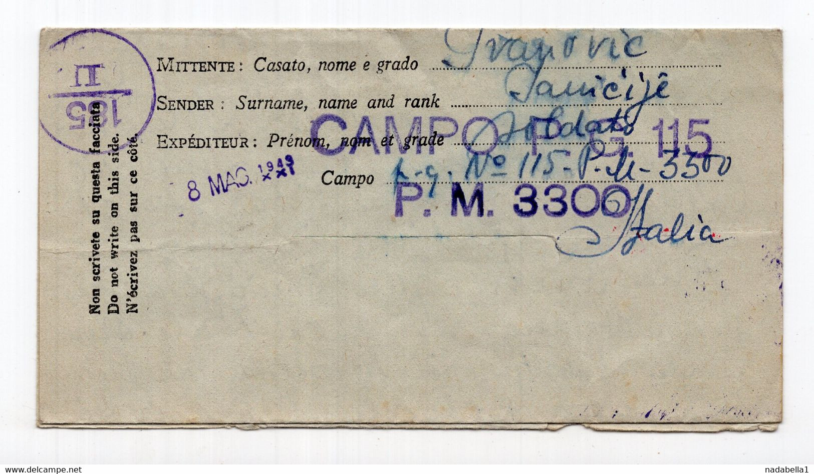 1943. WWII  ITALY,POW LETTER SENT TO BELGRADE,SERBIA,MILITARY POST 185,CENSORED,POW SOLDIER JANICIE IVANOVIC - Correo Militar (PM)