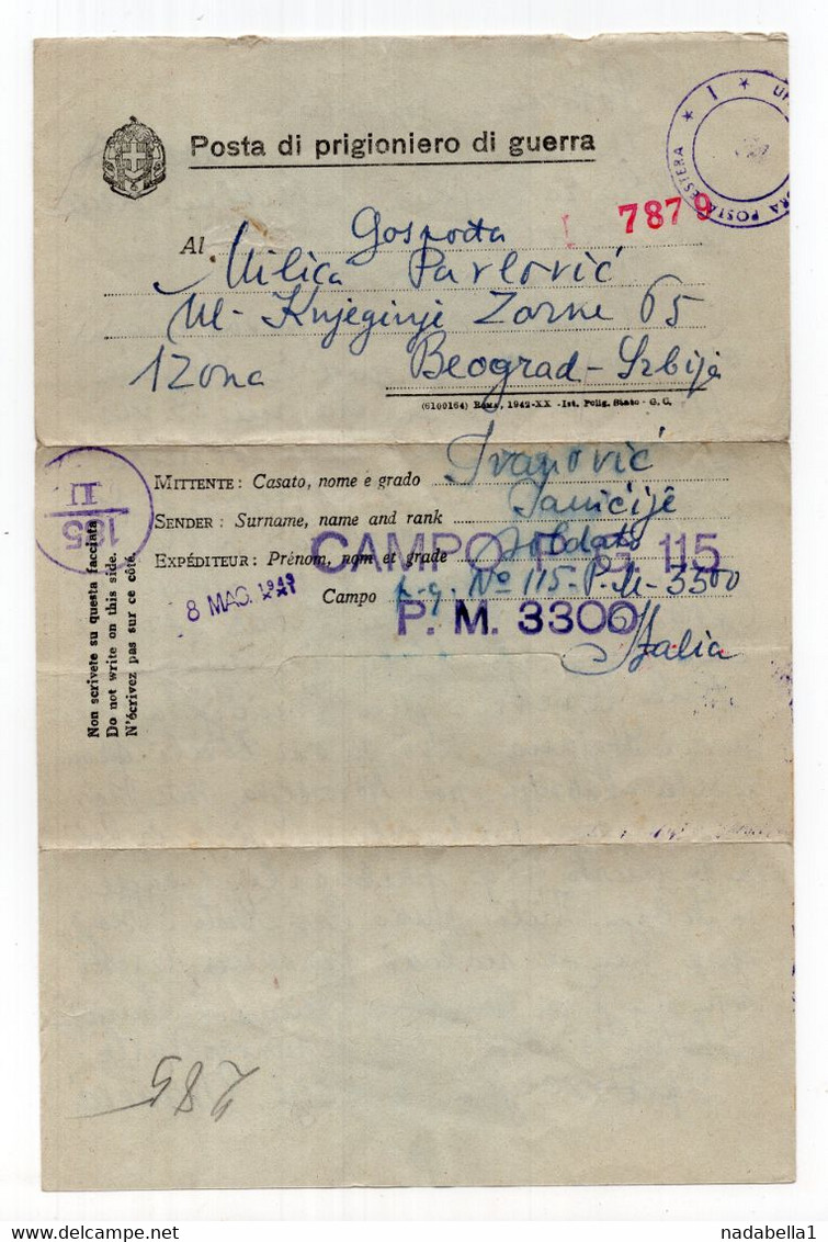 1943. WWII  ITALY,POW LETTER SENT TO BELGRADE,SERBIA,MILITARY POST 185,CENSORED,POW SOLDIER JANICIE IVANOVIC - Correo Militar (PM)