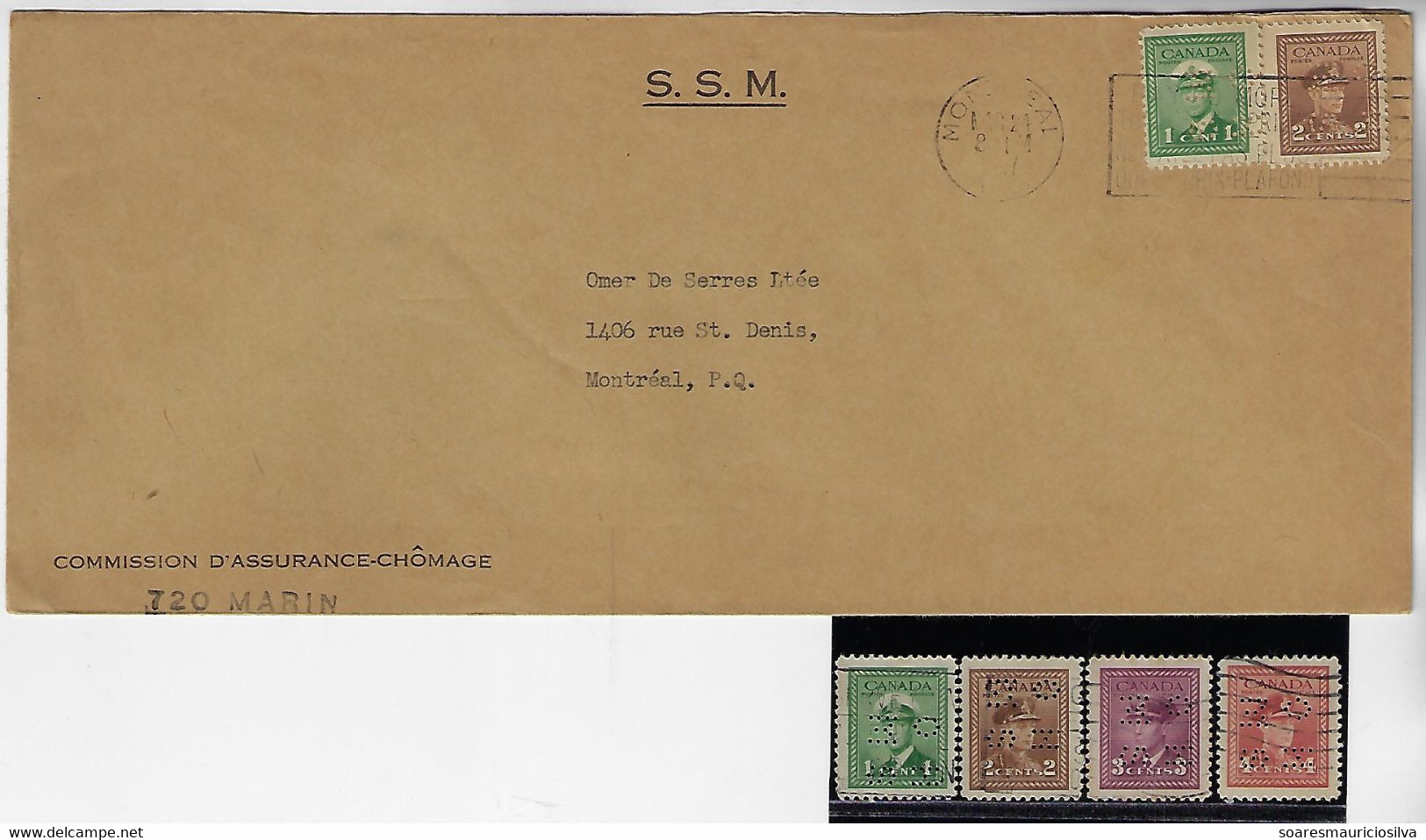 Canada 1947 Cover S.S.M. Unemployment Insurance Commission Perfin OH/MS On Her/His Majesty 's Service + 4 Stamp - Perforiert/Gezähnt