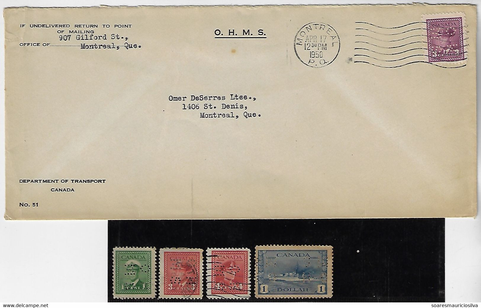 Canada 1947 Cover Department Of Transport Perfin OH/MS On Her/His Majesty 's Service + 4 Stamp - Perforadas