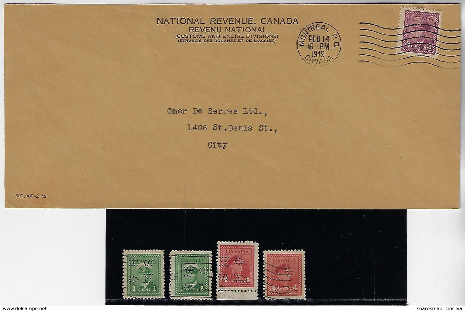 Canada 1949 Cover National Revenue Perfin OH/MS On Her/His Majesty 's Service + 4 Stamp - Perfins