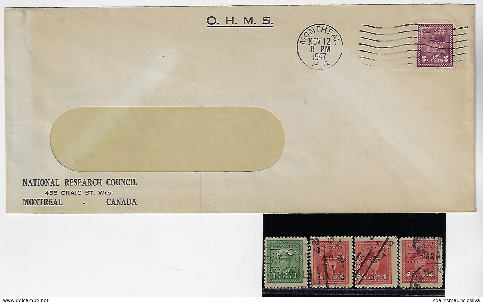 Canada 1947 Cover National Research Council Perfin OH/MS On Her/His Majesty 's Service + 4 Stamp - Perforés