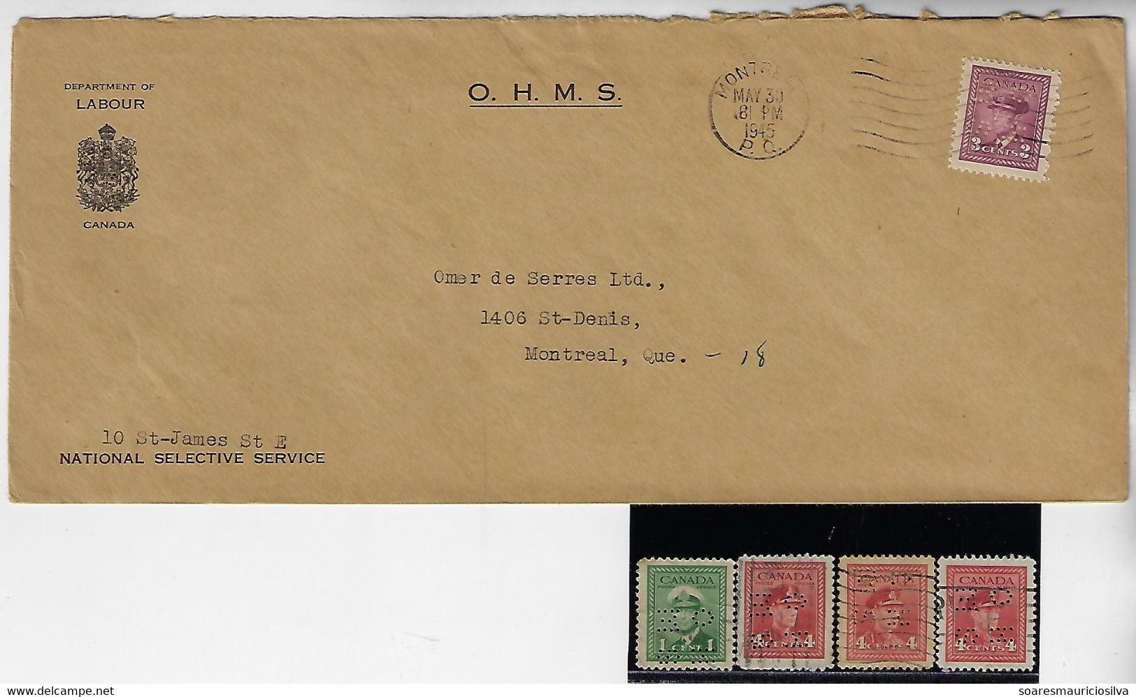 Canada 1945 Cover National Selective Service Perfin OH/MS On Her/His Majesty 's Service + 4 Stamp - Perforés