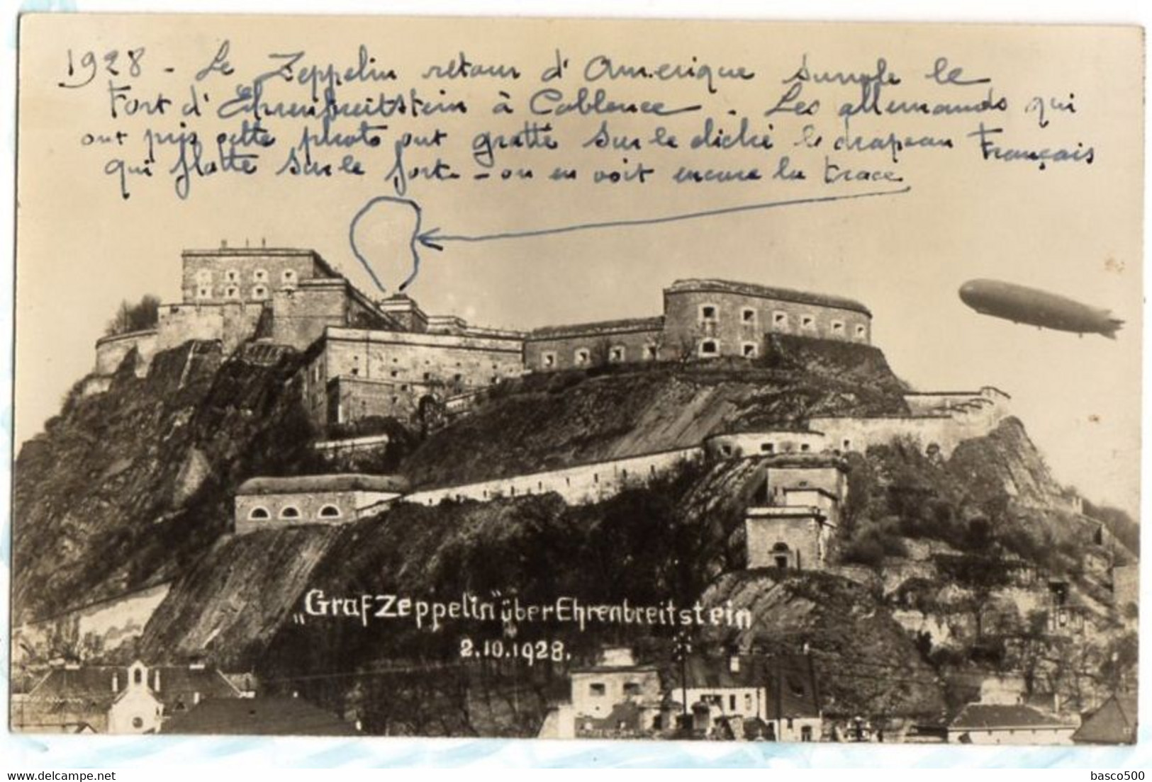 1928 COBLENCE : Carte Photo Dirigeable ZEPPELIN Survole FORT EHRENBREITSTEIN Au Retour D'Amerique - Koblenz