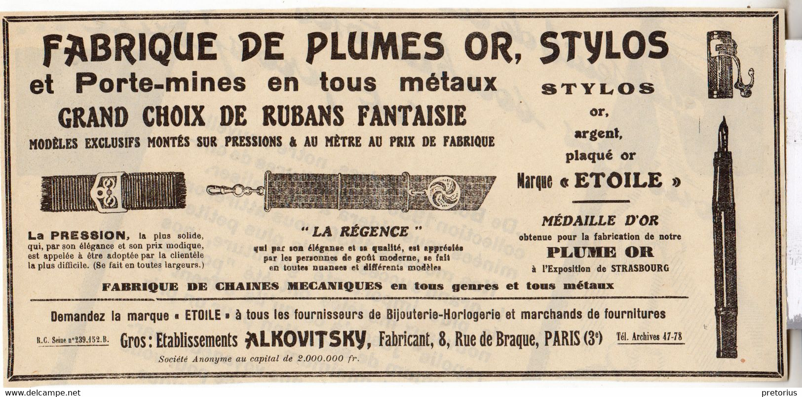 RARE PUB SUR PAPIER - 1907 - FABRIQUE DE PLUMES OR STYLOS - ETOILE - ETABLISSEMENT ALKOVITSKY - PARIS - Zubehör