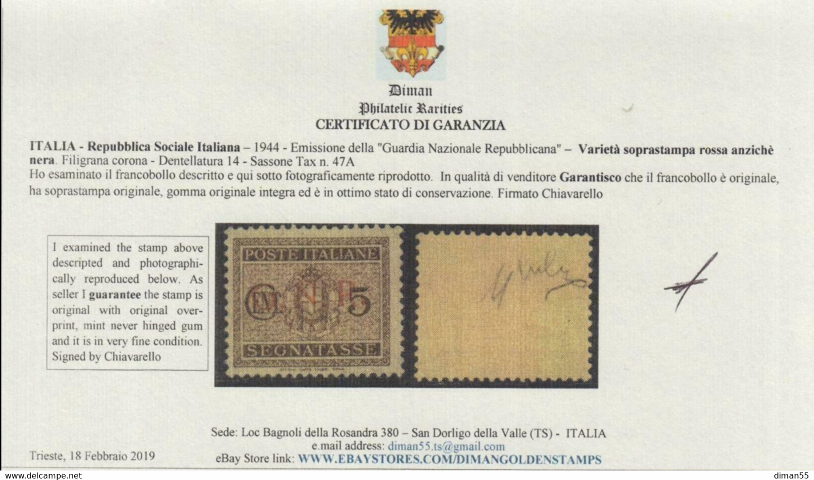 Italy - 1944 R.S.I. - Tax N.47A - Cat. 1500 Euro - Varietà Errore Di Colore Soprastampa - Gomma Integra - MNH** - Segnatasse