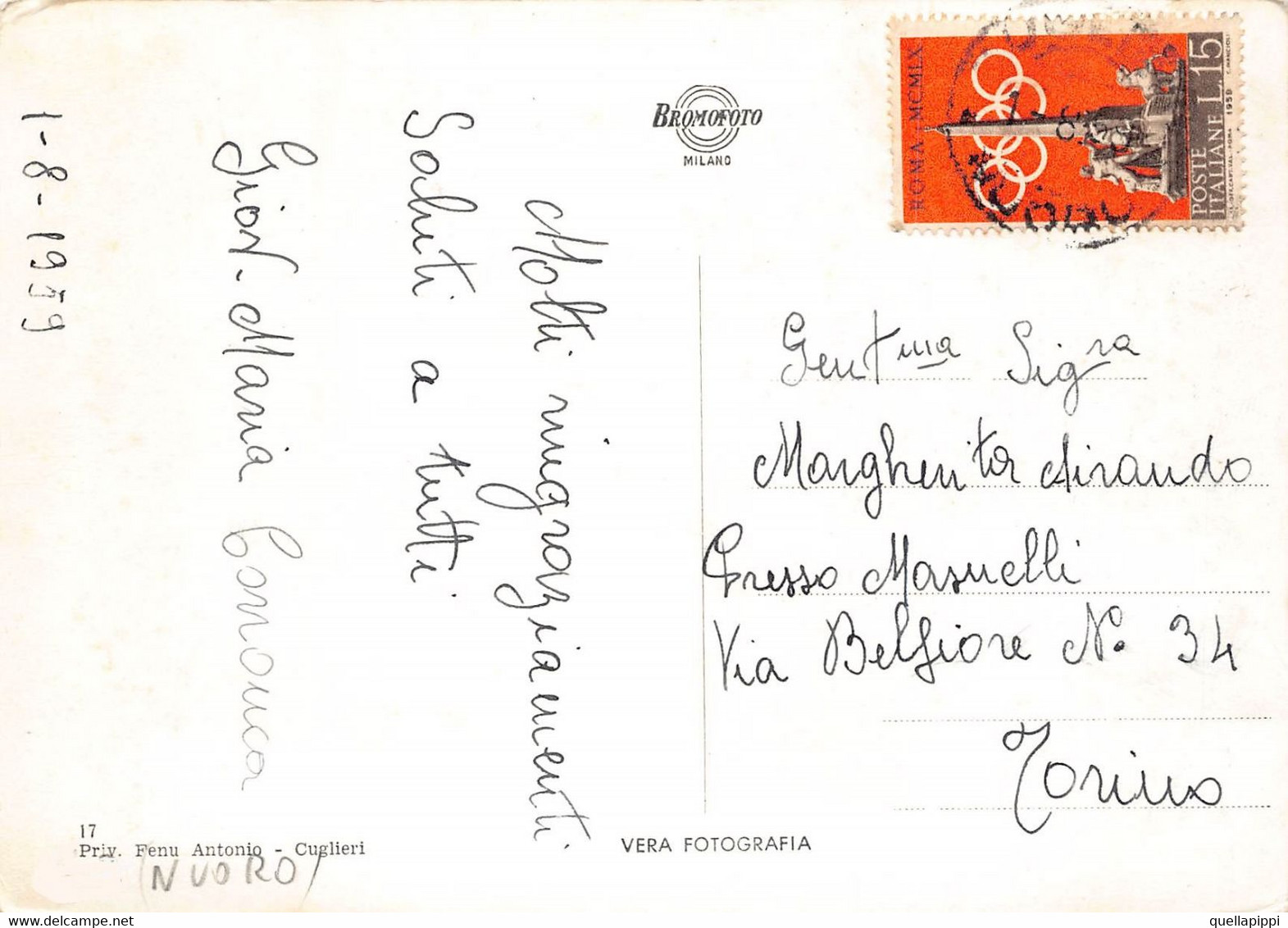 013352 "(ORISTANO) CUGLIERI - S. CATERINA DI PITTINURI"   VEDUTA, VERA FOTO.  CART  SPED 1959 - Oristano