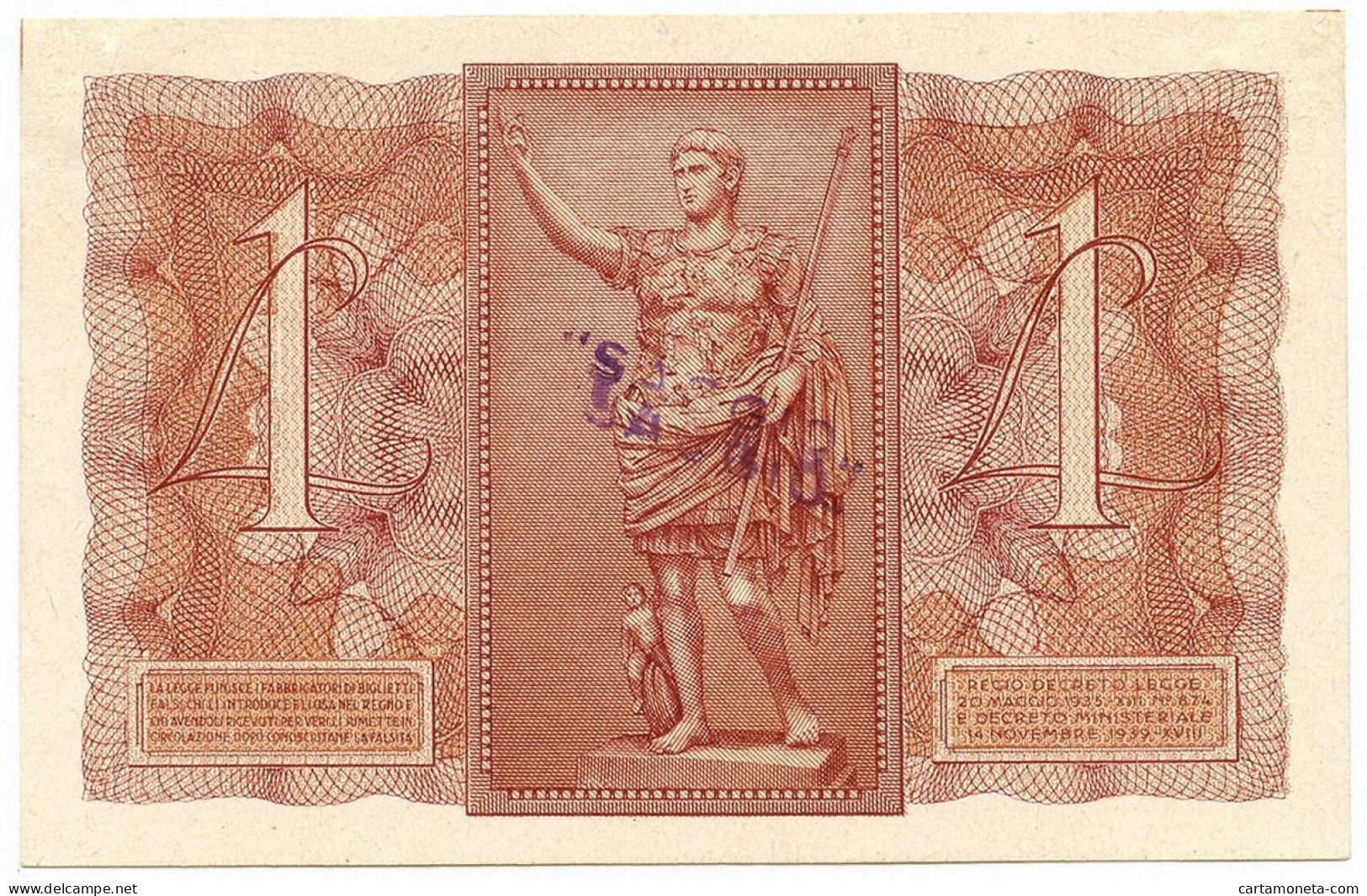 1 LIRA PROVA RETRO BIGLIETTO DI STATO FASCIO 14/11/1939 SUP- - Regno D'Italia – Other