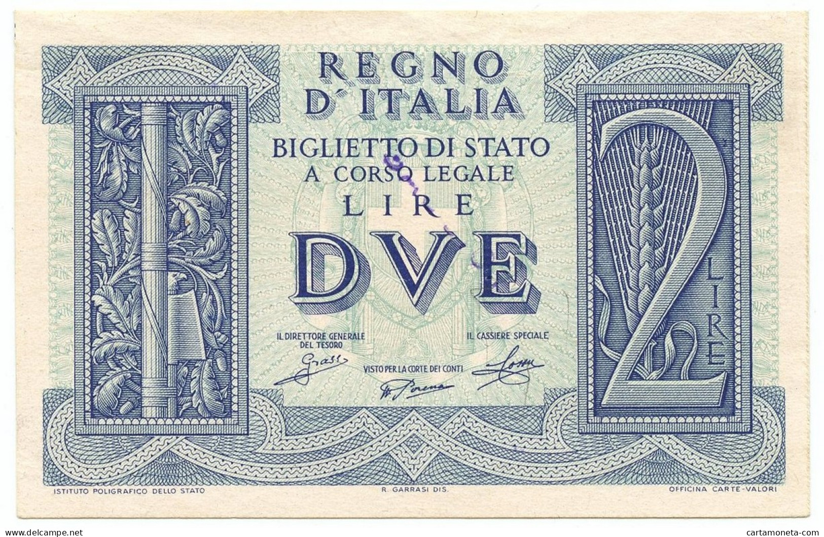 2 LIRE PROVA FRONTE (AZZURRO) BIGLIETTO DI STATO FASCIO 14/11/1939 SUP- - Regno D'Italia – Other