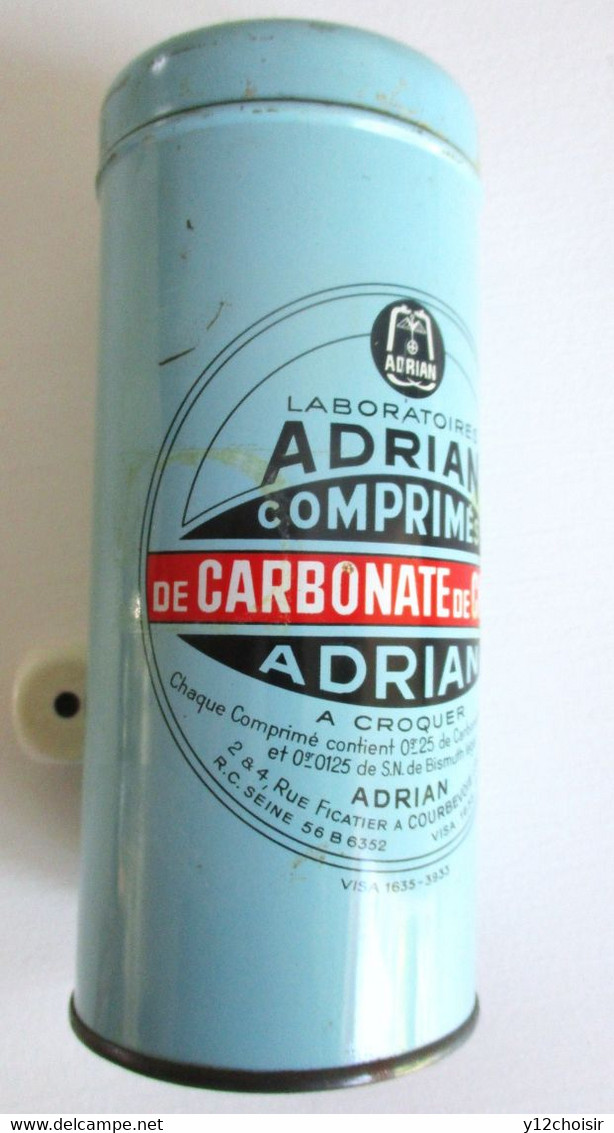 BOITE METALLIQUE LABORATOIRES ADRIAN COMPRIMES CARBONATE DE CHAUX COURBEVOIE SEINE