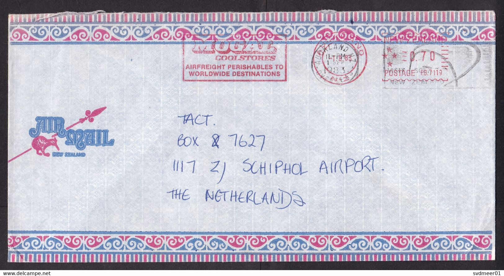 New Zealand: Airmail Cover To Netherlands, 1983, Meter Cancel, Mogal Coolstores, Freight, Transport (roughly Opened) - Storia Postale