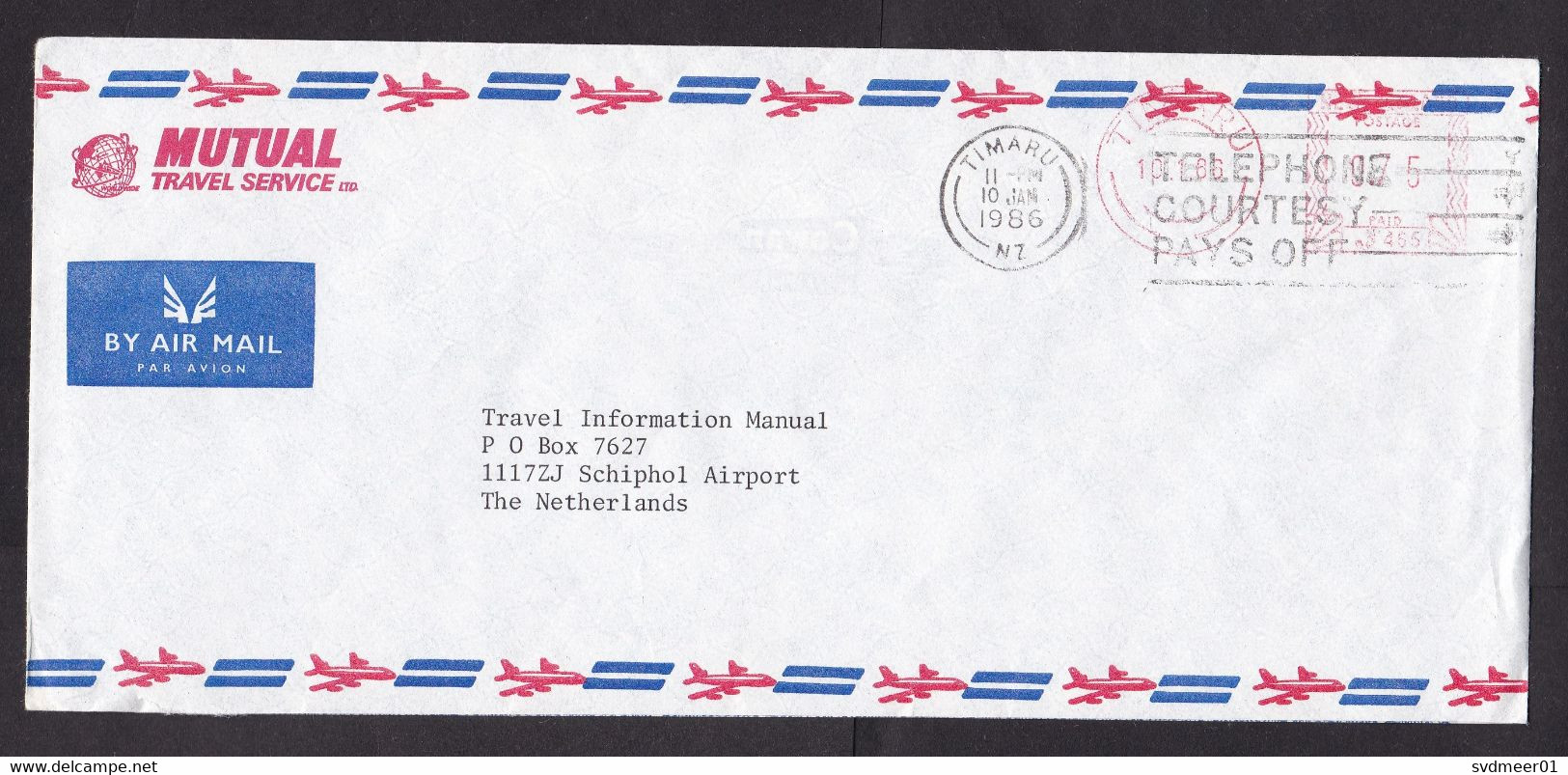 New Zealand: Airmail Cover To Netherlands, 1986, Meter Cancel, Sent By Mutual Travel Service, Timaru (minor Crease) - Lettres & Documents