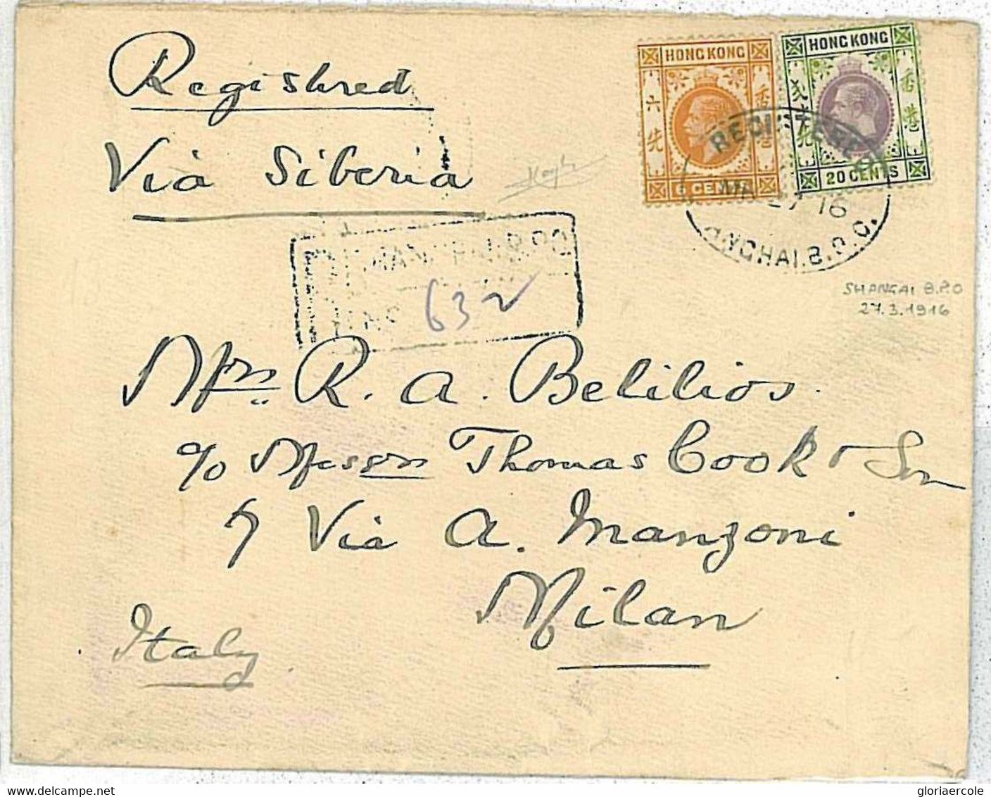 20767 - HONG KONG  - POSTAL HISTORY - COVER To ITALY 1916 - Shangai B.P.O. - Cartas & Documentos