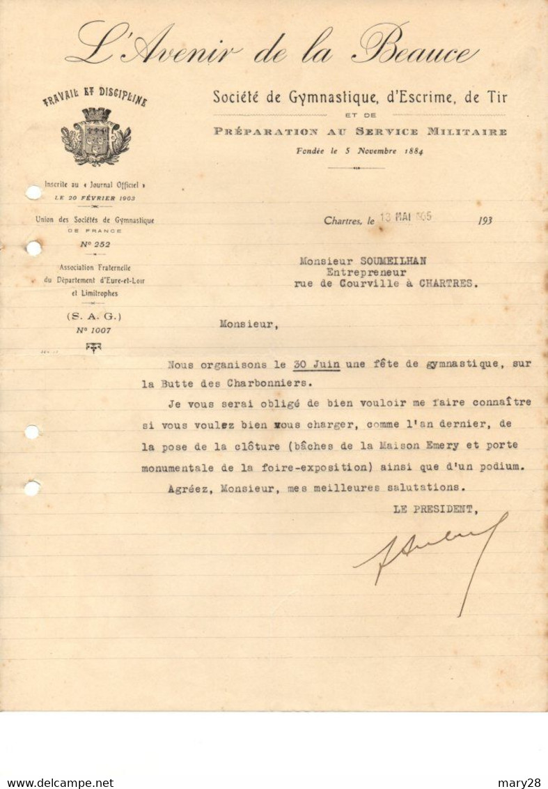 Lettre Du 13.05.1935 Avenir De La Beauce Societe De Gymnastique De Tir Et Escrime Chartres -  En L Etat Perforée - - 1900 – 1949