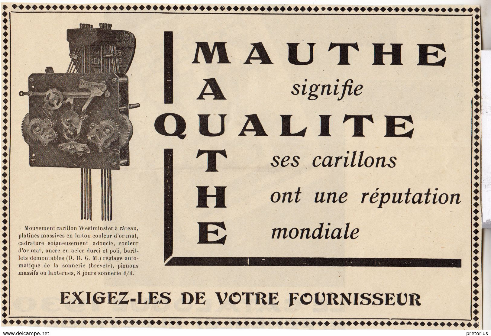 RARE PUB SUR PAPIER - 1930 - CARILLONS MAUTHE - LA QUALITÉ - Wandklokken