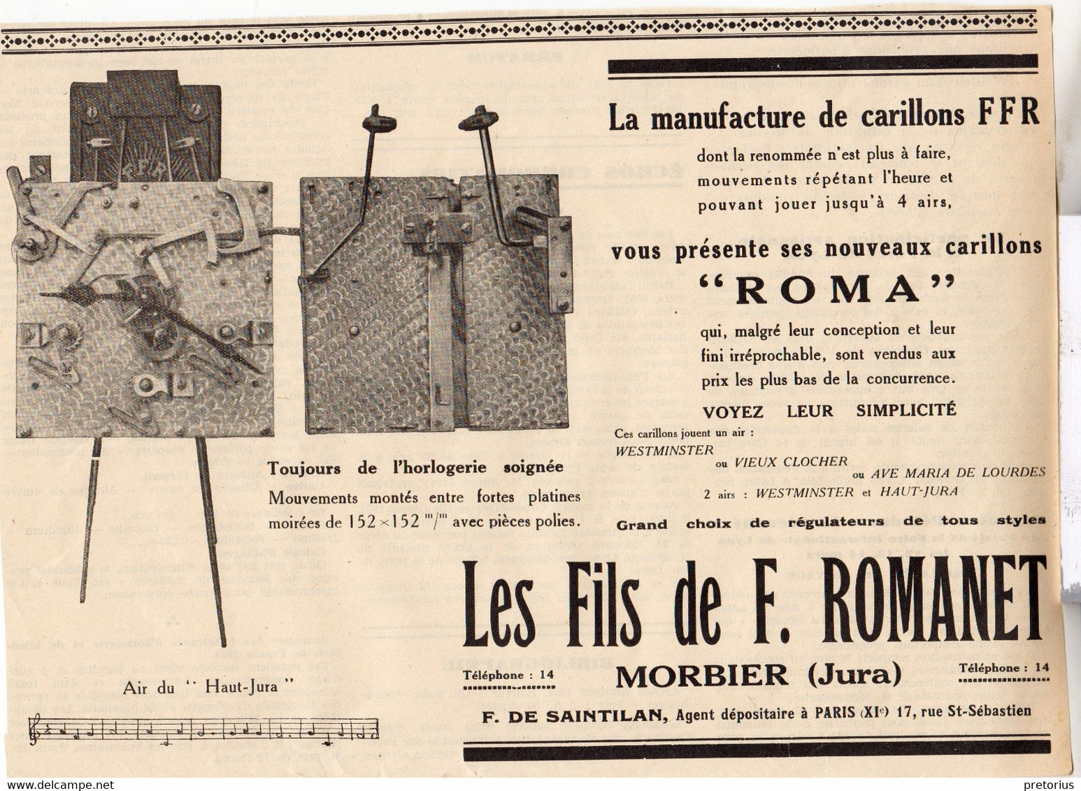 RARE PUB SUR PAPIER - 1930 - CARILLONS ROMA - LES FILS DE F. ROMANET - MORTEAU - JURA - Wanduhren