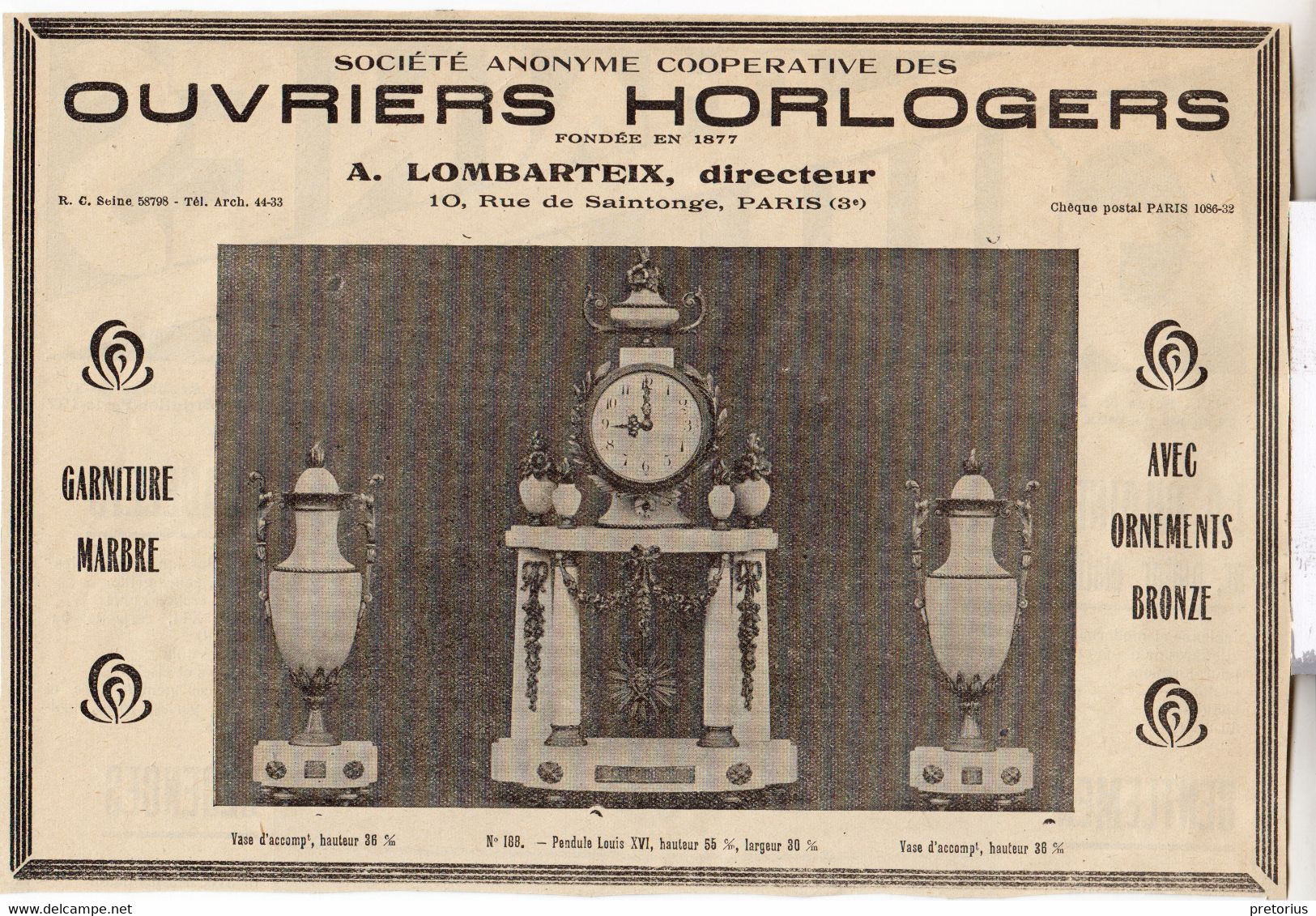 RARE PUB SUR PAPIER - 1930 - OUVRIERS HORLOGERS - COOPERATIVE - PARIS - Wanduhren
