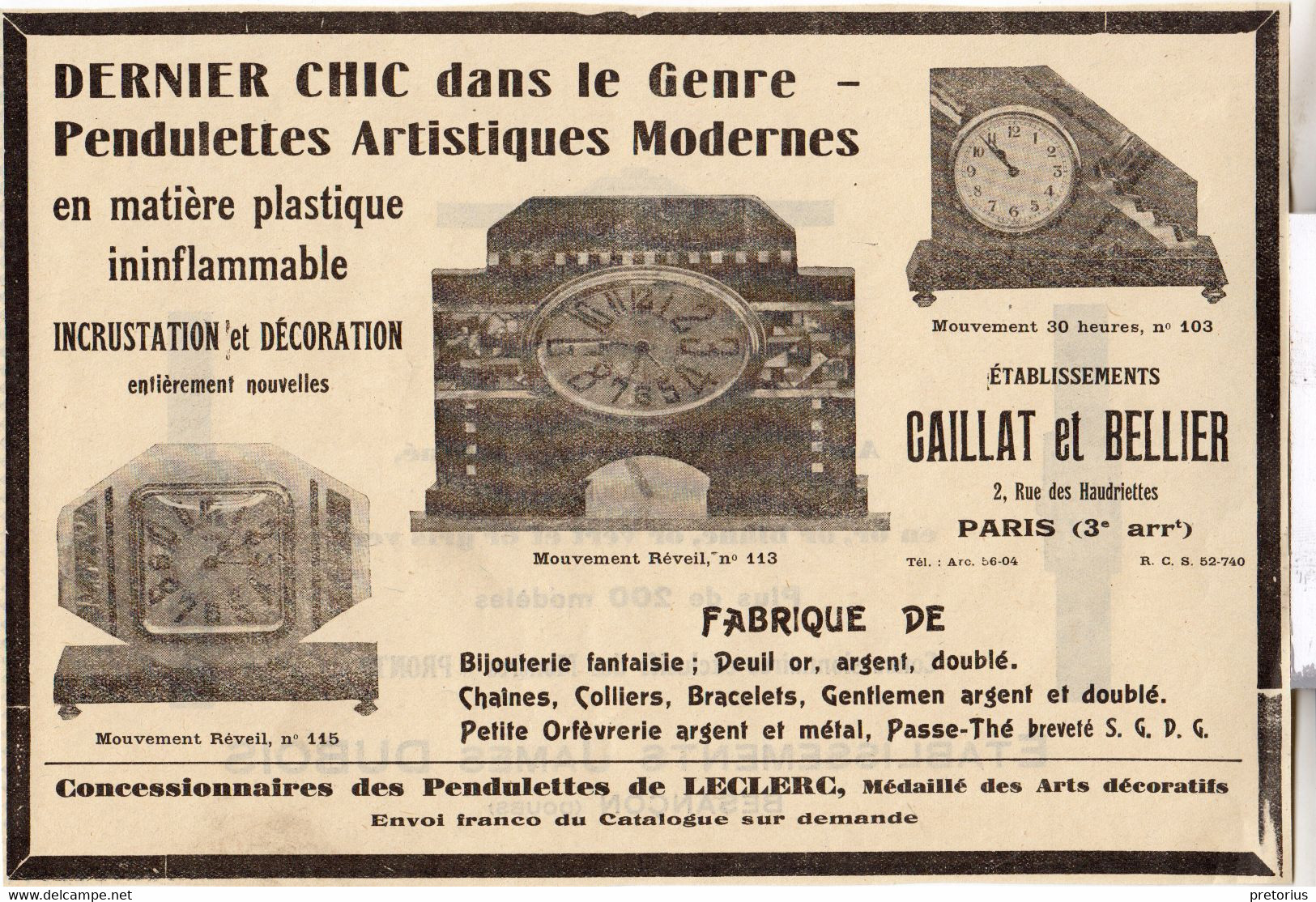 RARE PUB SUR PAPIER - 1930 - PENDULETTES ARTISTIQUES MODERNES - CAILLAT ET BELLIER - PARIS - Relojes