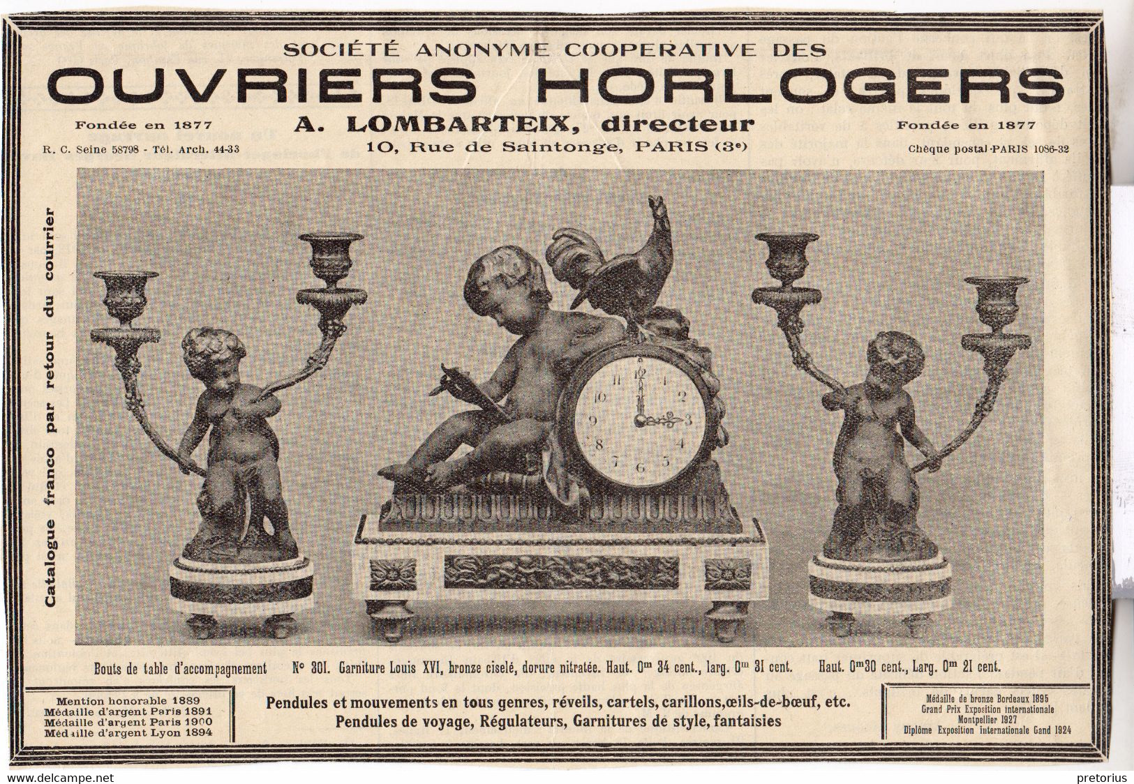 RARE PUB SUR PAPIER - 1930 - OUVRIERS HORLOGERS - COOPERATIVE - A. LOMBARTEIX DIRECTEUR - PARIS - Clocks