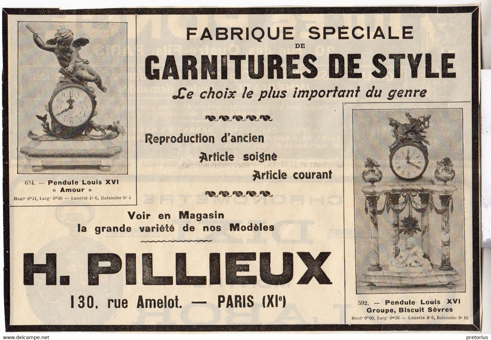 RARE PUB SUR PAPIER - 1930 - FABRIQUE SPECIALE DE GARNITURE DE STYLE - H. PILLIEUX - HORLOGES - PENDULES - Relojes